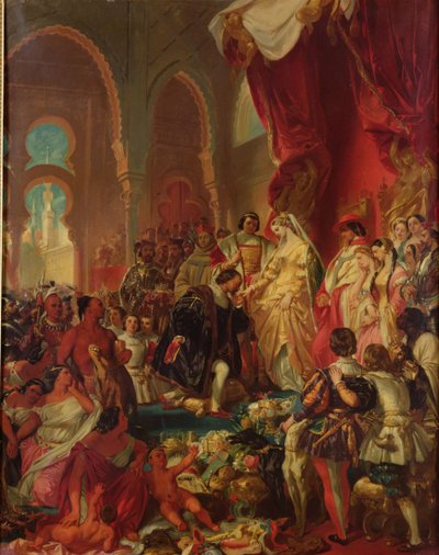 Christoph Kolumbus (1450-1506) vor Ferdinand II. (1452-1516) von Aragon und Isabella (1451-1504) von Kastilien, 1861 von Eugene Deveria